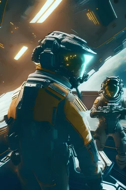 pilots under fighter ship on a carrier in space in star citizen space suits
