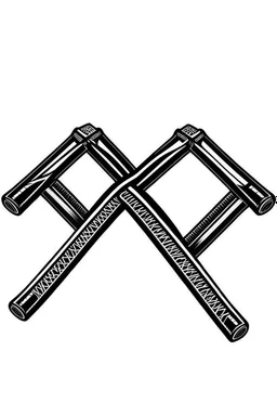 Two perpendicular futuristic high-tech black hockey sticks forming an "x" on a white background; font design; digital art