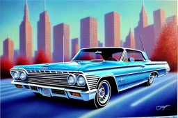 a true-to-life 1963 Chevrolet Impala, centered, intricate, extreme detailed, photorealism, center view, city background, pivot on chevrolet, pen and color marker painting by cheryl kelley