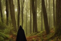 dark robed figure in forest, highly detailed, 8k, atmospheric lighting