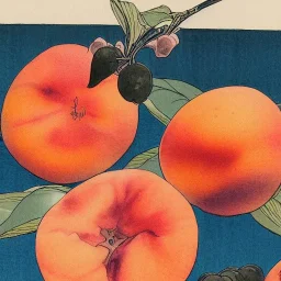 Ukiyo-e style illustration of three watercolor peaches stilllife