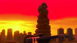 4K, ultra detail, full realism, nuclear explosion in the background of a big city, portrait of the Terminator playing the firestarter guitar