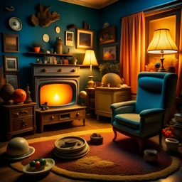 Detailed cozy living-room made of modeling clay, odd furnitures, naïve, strong texture, TV studio 1950's shot, extreme detail, Max Ernst, rich moody colors, sparkles, Yves Tanguy, odd