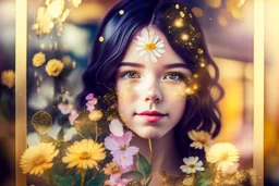 double exposure, flower shop, cute chibi salesgirl in flower uniform in sunshine, watercolor and black ink outlines, sparkling golden glitter, ethereal, cinematic postprocessing, bokeh, dof