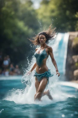 female water spirit made of water, wearing spectacular shoes in a wild water slide ,bokeh like f/0.8, tilt-shift lens 8k