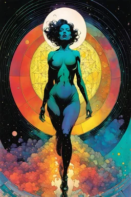 create a wildly abstract and chaotic illustration of an amorphous woman utilizing elements of Sacred Geometry, in the comic book art style of Bill Sienkiewicz, Mike Mignola, and Jean Giraud Moebius, finely textured, drawn, colored, and inked