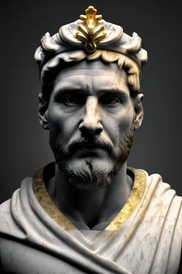 Ultra Realistic image, Roman sculpture, white marble material, Lionel Messi, gold laurel leaves crown, god crown, gold veins, gold ornaments, Renaissance style, sun rays background, waist up portrait, epic, celestial, cinematic lighting, God lights, 4k resolution, smooth details, soft lighting, unreal engine 5, art station, substance 3d.