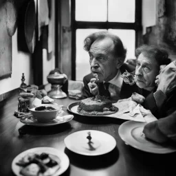 Fotograph, close-up, odd smerping people eating, Egon Schiele, George Grosz, Ilford FP4, creepy mass, hypermaximalist, hyperrealistic, truly realistic, tilt-shift, interno salotto, macabro, splonfo, Max Ernst style, strangeness, sundial light, midday, hypnotic, Yves Tanguy nightmare, twilight zone movie style, inferno