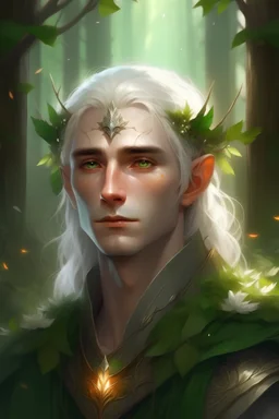 Elf gil, beautiful, leaf and rowan crown, white hair, green eyes, in the forest