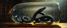 master oil painting by Escher and Giger, ancient library book obsidian chrome black serpent dragon inside huge transparent vase and with gold, master 3d models, book of the dead