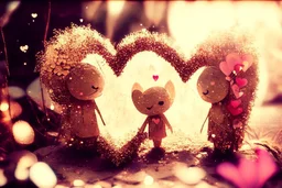 Double exposure, merged layers, cute chibi creature heart and love, pink and red, made with concrete and driftwood and mother-of-pearl and low voltage filament lit, golden patina, in sunshine, corrosion, heart and love, burlap, waterfall, flowers, in sunshine, golden glitters, ethereal, cinematic postprocessing, bokeh, dof