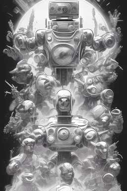 Sketches of Robot by Jack Kirby, Dave Gibbons, Mike Mignola, highly detailed, pencil sketch, ultra realistic, dynamic pose, hight quality art