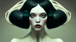 pale alien woman wearing exotic clothing. Black hair bob