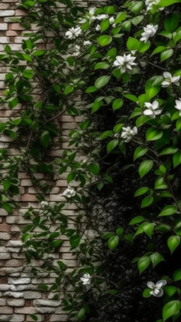 critical point abstract a wall with bricks hanging on it branches of leaves and branches with white jasmine flowers
