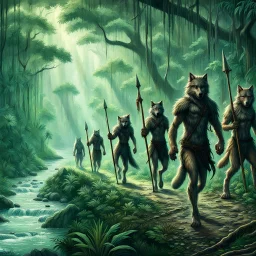 wolf body hair straight walking eight anthropomorphic wolf man hybrid human two with spears in their paws go one after another by pathway in jungle, in the further away a river flows in jungle near the trees, rain, very thick-trunk trees and jungle vegetation, near to them flows a fast river, dark colors, high realistic, 3d, digital art, detailed, cinematic, sci-fi, fantasy mood