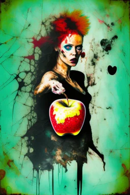 A surreal grunge messy and scratched painting style, eve is holding a rotten apple - not amused, Adam in background,ironic, surreal, abstract and striking