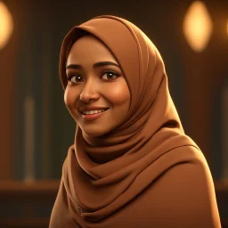 a portrait of smiling moslem woman. indonesian-arab. carricature. wearing headscarf. warm undertone brown skin. black eye pupils. diamond face shape. formal dress. pixar style. 3D. 4k. portrait. highly detailed. sharp focus. high resolution. full color. cinema lighting