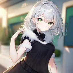 Clear focus, High resolution, light grey short hair, dark green eyes, wearing a black t-shirt and black skirt, fluffy hair, detailed outfit, really fluffy hair