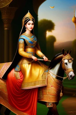 A beautiful Arab Muslim princess from the Abbasid era riding a mare , beautiful portrait, flowery landscape