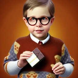 Peter billingsley chubby kid Tortoise-shell glasses, Holding a ((dark red soap bar)) in his hand, brown argyle sweater