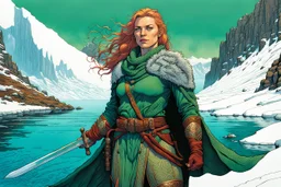 create a full body portrait of a pale female Norse tribal mercenary, sword in hand, with highly detailed, delicate feminine facial features, inhabiting an ethereal Northern winter fjord land of pristine blue waters, in the comic book style of Jean Giraud Moebius, David Hoskins, and Enki Bilal, precisely drawn, boldly inked, with vibrant colors