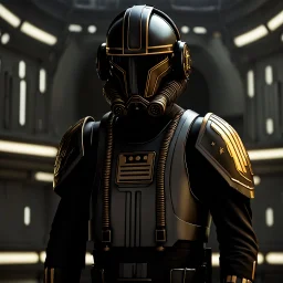 star wars bald male corellian pilot wearing gunmetal grey and black first order armored TIE pilot flightsuit and helmet with gold trim inside the jedi temple, centered head and shoulders portrait, hyperdetailed, dynamic lighting, hyperdetailed background, 8k resolution, volumetric lighting, light skin, fully symmetric details