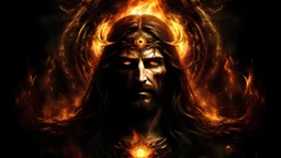 Generate an image of an Evil Jesus Christ, exuding a malevolent aura, with dark eyes, a sinister grin, and surrounded by a halo of flames. Let his presence instill fear and dread in all who dare gaze upon his wicked visage.