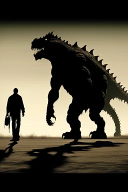 a distressing image of a person walking with a monstrous creature as their shadow