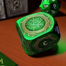 6 sided dice with runes on table with green cloth, hand, fantasy book art