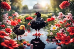 red and black chicken and small chibi duck in a flowergarden with beautiful flowers, pond, in sunshine, H.R. Giger, anime, steampunk, sürreal, watercolor and black in outlines, golden glitter, ethereal, cinematic postprocessing, bokeh, dof