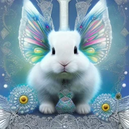 white platinum rabbit with blue third aye and butterfly wings, aboriginal, dot painting, indiginous, dot, mud, dream-time, abstract, dots, natural pigment, extremely sharp detail, finely tuned detail, ultra high definition, 8 k, unreal engine 5, ultra sharp focus, art germ and Paul Lewin and Kehinde Wiley, winter ambiance