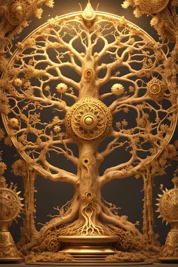 Expressively detailed and intricate 3d rendering of a hyperrealistic “tree”: avatar movie, shinning gold, glossy, vines, baroque ornament details, ancient flower detail, cog, steampunk, 4K, cosmic fractals, dystopian, dendritic, stylized fantasy art by Kris Kuksi, artstation: award-winning: atmospheric: commanding: fantastical: clarity: 16k: ultra quality: striking: brilliance: stunning colors: masterfully crafted.