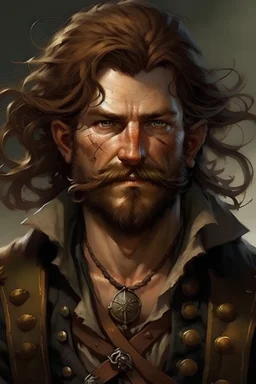 Picture of a pirate that has a swashbuckling figure with a strong, athletic build and wavy, sun-kissed chestnut hair that often fell just above his shoulders. His piercing, adventurous hazel eyes held a sparkle of mischief and determination. He often sported a neatly trimmed beard and a mustache that added to his rugged appearance. Dressed in a tattered, long, navy-blue coat with golden braids and buttons, he wore a white, ruffled pirate shirt underneath. Make him hugging people.