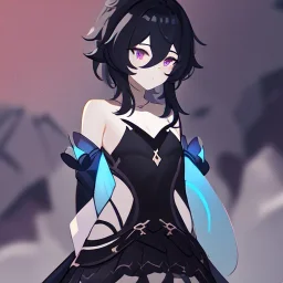 Clear focus, High resolution, rough line sketch art, long black hair, hair between eyes, fluffy hair, purple eyes, wearing a off shoulder shirt, no spaghetti strapes, dark aura, 1girl, wearing a skirt, genshin impact, wearing a little bit revealing outfit