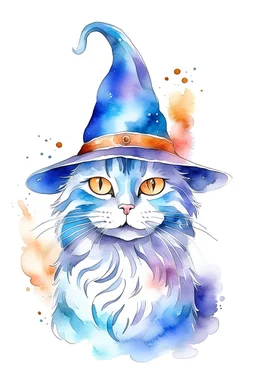 create a watercolor clipart image with a white background of 3D cat as a wizard