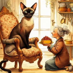 A whimsical, humorous, colored illustration depicting a haughty siamese cat sitting on an elegant, upholstered chair. A woman with unkempt grey hair kneels humbly in front of the kitchen chair and holds out a golden food filled bowl to the cat. Style by Quentin Blake and Beatrix Potter