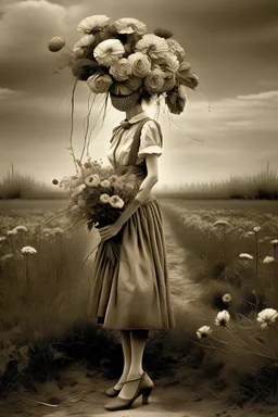 young woman, blouse and skirt, thin black bow under the neck of the blouse, huge bouquet of flowers on her head, full body, in a 16K wasteland, toned in sepia, estilo Bansky, profile view, the flowers cover his head