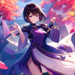 Clear focus,High resolution, one girls, Short brown hair, Purple eyes, Wearing a techy outfit standing with blurry sakura leafs falling down, Wearing a split skirt, Cut Sleeves, Gacha Animation