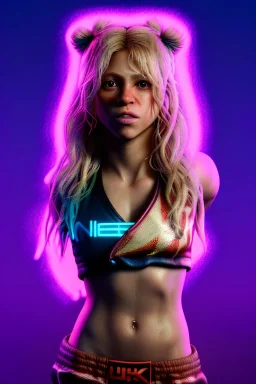 portrait, Shakira, blonde artist, angry, Realistic image, boxing robe, hoodie, mouthguard. loose long hair, eyes make up, perfect, glow, circle iris. Neon colors, leds, geometric shapes. Dark background, photo studio, neon lights. concept art, smooth, unreal engine 5, god lights, ray tracing, RTX, lumen lighting, ultra detail, volumetric lighting, 3d, finely drawn, high definition, 4k.