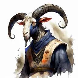 dnd, fantasy, watercolour, large strokes, stylistic, portrait, illustration, dull colours, black goat in a human medieval suit
