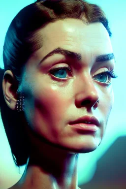 Ultra Realistic retro sci-fi scene, portrait, brunette woman, sweet young Audrey Hepburn face, perfect iris, glow eyes, makeup. Aliens background, Retro sci-fi style, helmet, tight latex coat, fog, rain, soft color, highly detailed, unreal engine 5, ray tracing, RTX, lumen lighting, ultra detail, volumetric lighting, 3d, finely drawn, high definition, high resolution.