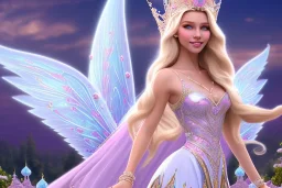 castle in background, beautiful, soft, big smiling, straight and long blonde hair, blues eyes, dewy and shiny atmosphere, diamond crown, long fairy wings in the back, full head, pink veil clothes