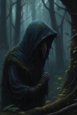 A hooded creature in the forest Mental disorders, dark material, surrealist, elementals, intricate background, masterpiece, octane rendered, artstation