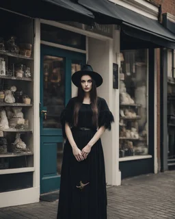 full-length, young woman dressed like a modern-day witch, with dark hair, outside a shop