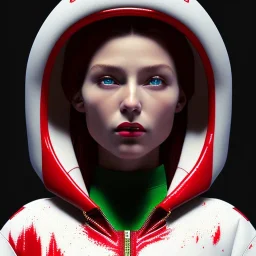 Pretty italian woman, rounded face, red, green, white, hoodie, feathers, retro, latex, leather, soft color, highly detailed, art stations, concept art, smooth, unreal engine 5, god rays, ray tracing, RTX, lumen lighting, ultra detail, volumetric lighting, 3d, finely drawn, high definition, high resolution, neon background.