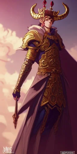 wide angle beautiful full body portrait of a strong male anthropomorphic thiefling wearing ornate - themed magic fantasy armor and a crown. character design by disney, anime, manga, charlie bowater, ross tran, artgerm, and makoto shinkai, detailed, soft lighting, rendered in octane