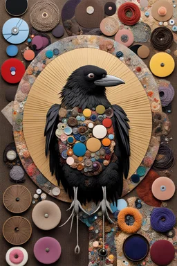 Collage of various mediums making up an abstract crow image, metal and fabric and corduroy and glass and yarn and paper and velvet, various textures, sharp contrast, sharp juxtaposition of materials, colorful, sharp focus, by Takashi Murakami, maximalism