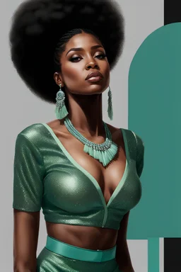 insanely detailed hyper-realistic black female, gorgeous but modestly dressed, glitter, mint green and cream colors, style of VASHTI HARRISON, WLOP