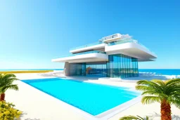 Magnificent 3D representation of a luxurious, modern, completely transparent scale-shaped hotel on a pristine beach. It features elegant and contemporary design elements, such as swimming pools, balconies and floor-to-ceiling windows. The elegant and sophisticated entrance is adorned with palm trees and a futuristic terrace. Bright colors. Constructed with transparent glass