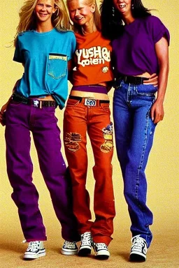 year 1996 denim fashion. Loose fit, low waist, baggy, Combat pants and t-shirt. Colors: denim blue, blue, purple, khaki, light green, lilac, plum, orange, terracotta, red, pink, dark blue, beige. Women models. Patterns: cheetah, balls, stripes.Jennifer Lopez, Gwyneth Paltrow, . Big tennis shoes on. Cargo pants. leg warmer